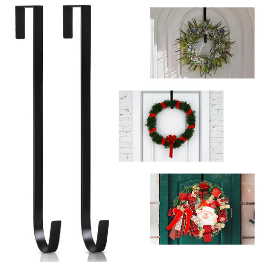 PECULA 2 Pack 14” Wreath Hangers for Front Door, Wreath Door Hanger 40lb Load-Bearing, Metal Wreath Hanger for Welcome Sign, Door Wreath Hanger for Christmas Halloween Easter Decoration (Black)