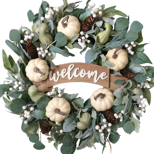 24 Inch Fall Eucalyptus Pumpkin Wreath for Front Door, Green White Pumpkin Welcome Sign Wreath for Indoor and Outdoor, Eucalyptus Leaves Wreath for Home Decor