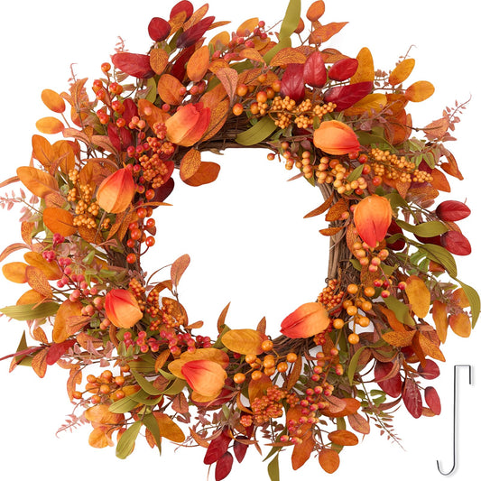 Fall Leaves Wreaths for Front Door Outside 22-24", Artificial Autumn Wreaths with Orange Fall Berries Leaves Physalis Thanksgiving Wreath for Front Door Wall Window Decor for Harvest Farmhouse