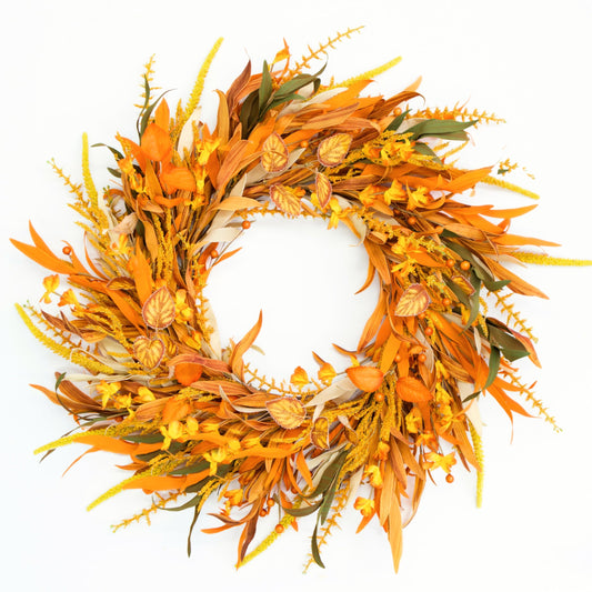 Perfnique 24'' Fall Wreath for Porch Door, Autumn Front Door Wreath Home Outdoor Indoor Window Wall Decor, Fall Thanksgiving Halloween Farmhouse Harvest Decorations (Orange Wheat)