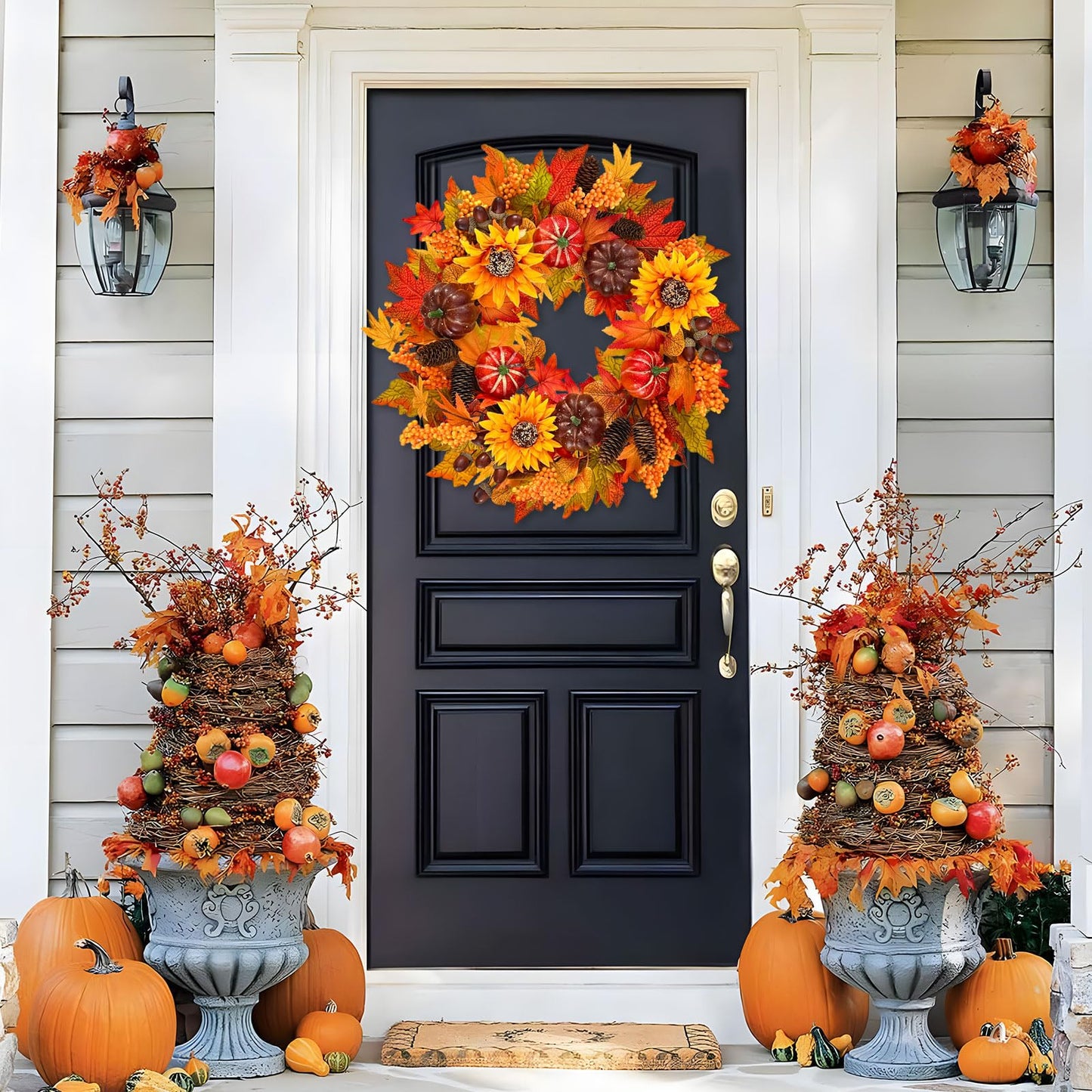 24 inch Fall Wreath for Front Door with Lights, Harvest Wreath with Sunflower, Pumpkin,berryand Pinecone,Farmhouse Fall Wreath for Thanksgiving Halloween and Christmas Indoor Outdoor