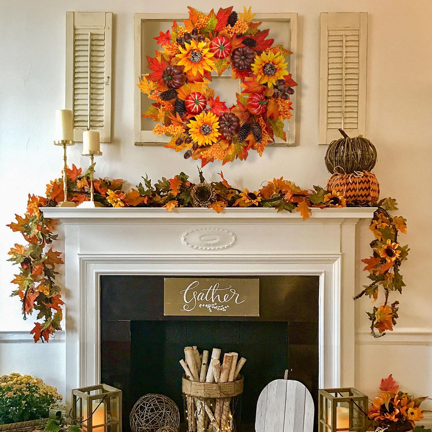 24 inch Fall Wreath for Front Door with Lights, Harvest Wreath with Sunflower, Pumpkin,berryand Pinecone,Farmhouse Fall Wreath for Thanksgiving Halloween and Christmas Indoor Outdoor