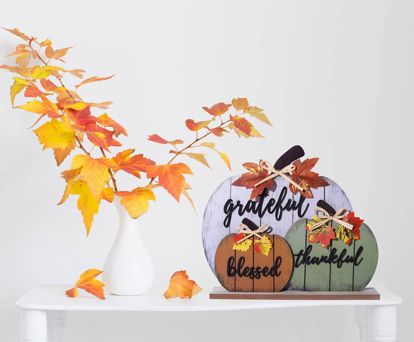 CYNOSA Fall Decorations for Home Blessed Grateful Thankful Fall Decor Wooden Pumpkin Tabletop Signs for Home Thanksgiving Farmhouse Living Room Harvest