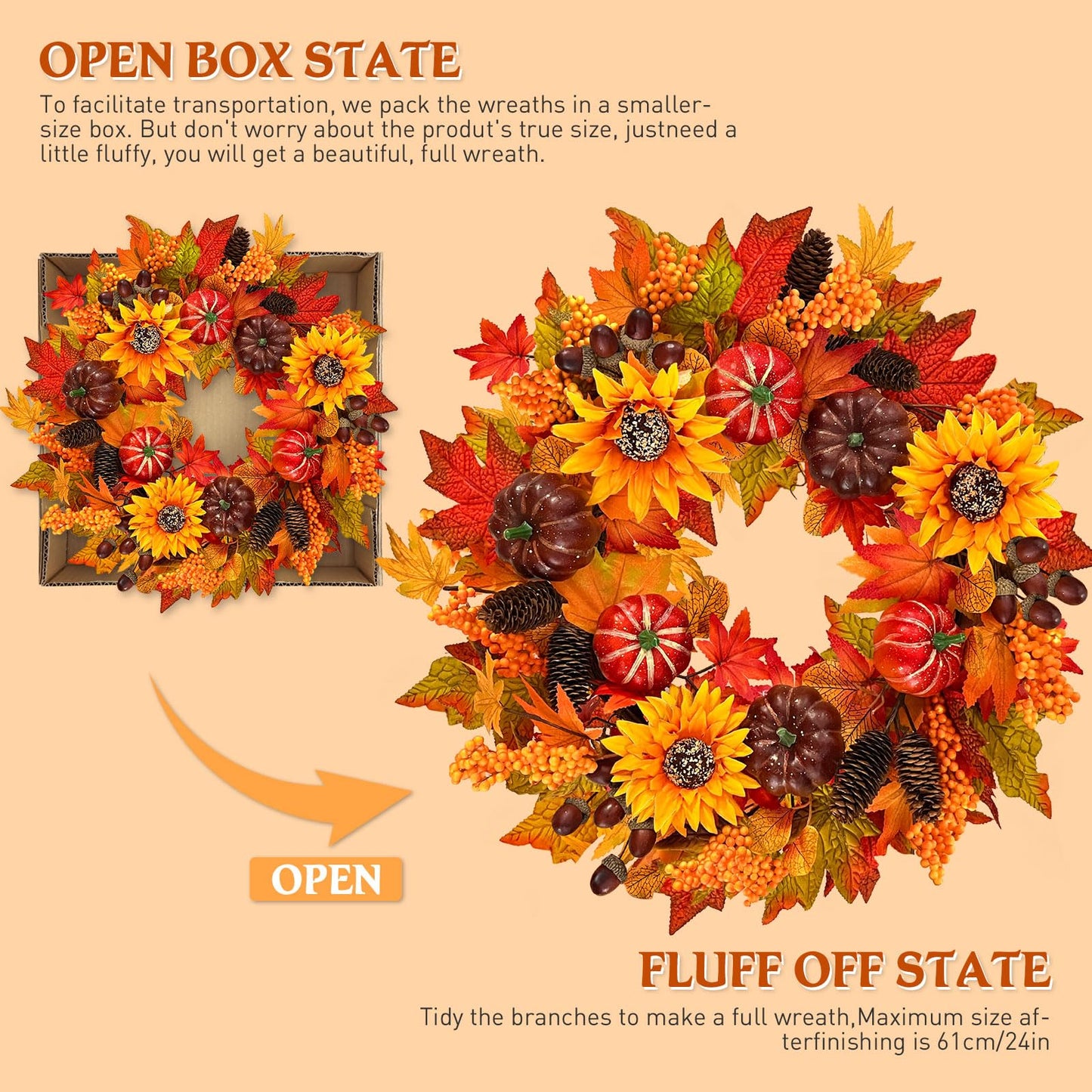 24 inch Fall Wreath for Front Door with Lights, Harvest Wreath with Sunflower, Pumpkin,berryand Pinecone,Farmhouse Fall Wreath for Thanksgiving Halloween and Christmas Indoor Outdoor