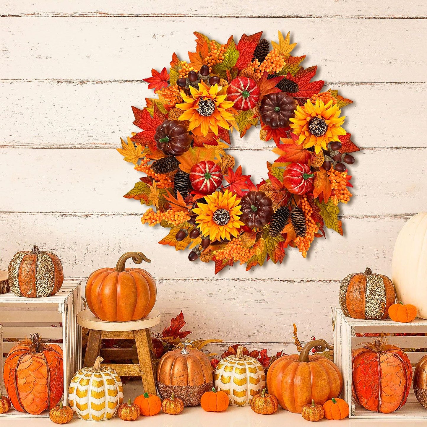 24 inch Fall Wreath for Front Door with Lights, Harvest Wreath with Sunflower, Pumpkin,berryand Pinecone,Farmhouse Fall Wreath for Thanksgiving Halloween and Christmas Indoor Outdoor