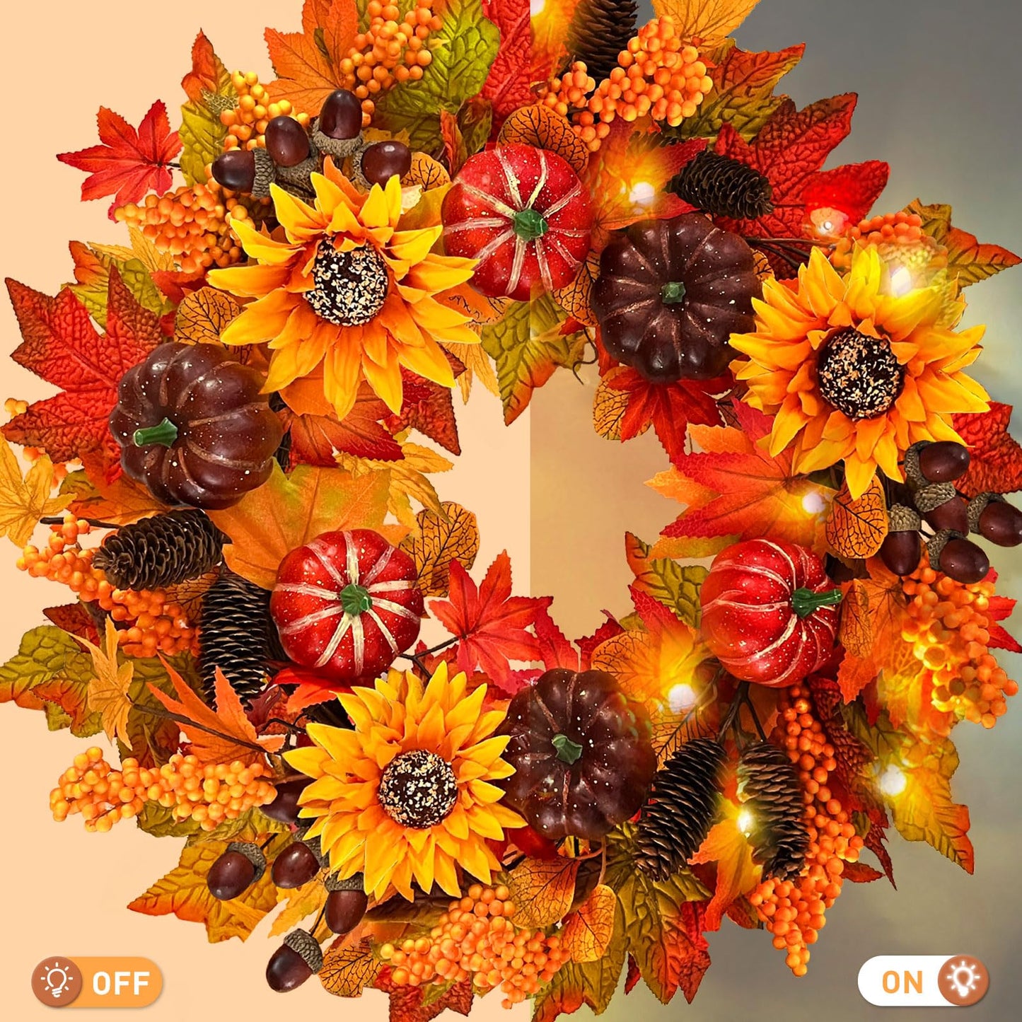 24 inch Fall Wreath for Front Door with Lights, Harvest Wreath with Sunflower, Pumpkin,berryand Pinecone,Farmhouse Fall Wreath for Thanksgiving Halloween and Christmas Indoor Outdoor