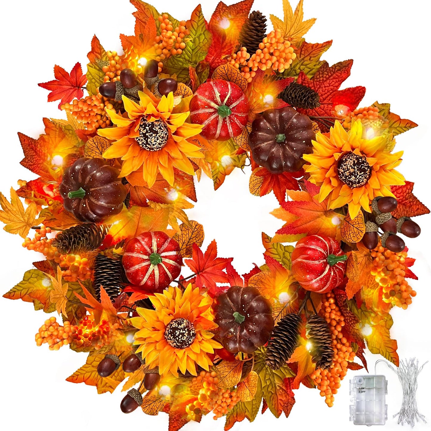 24 inch Fall Wreath for Front Door with Lights, Harvest Wreath with Sunflower, Pumpkin,berryand Pinecone,Farmhouse Fall Wreath for Thanksgiving Halloween and Christmas Indoor Outdoor