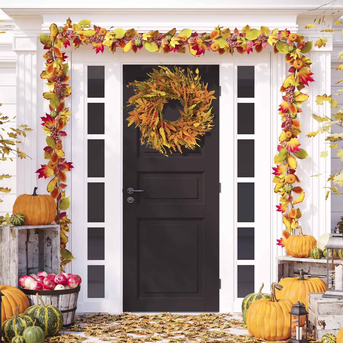 SZAT PRO Fall Wreath 24 Inches Large Farmhouse Autumn Harvest Wreaths with Straw Wheat Maple Leaf Grain for Front Door Wall Round Gold