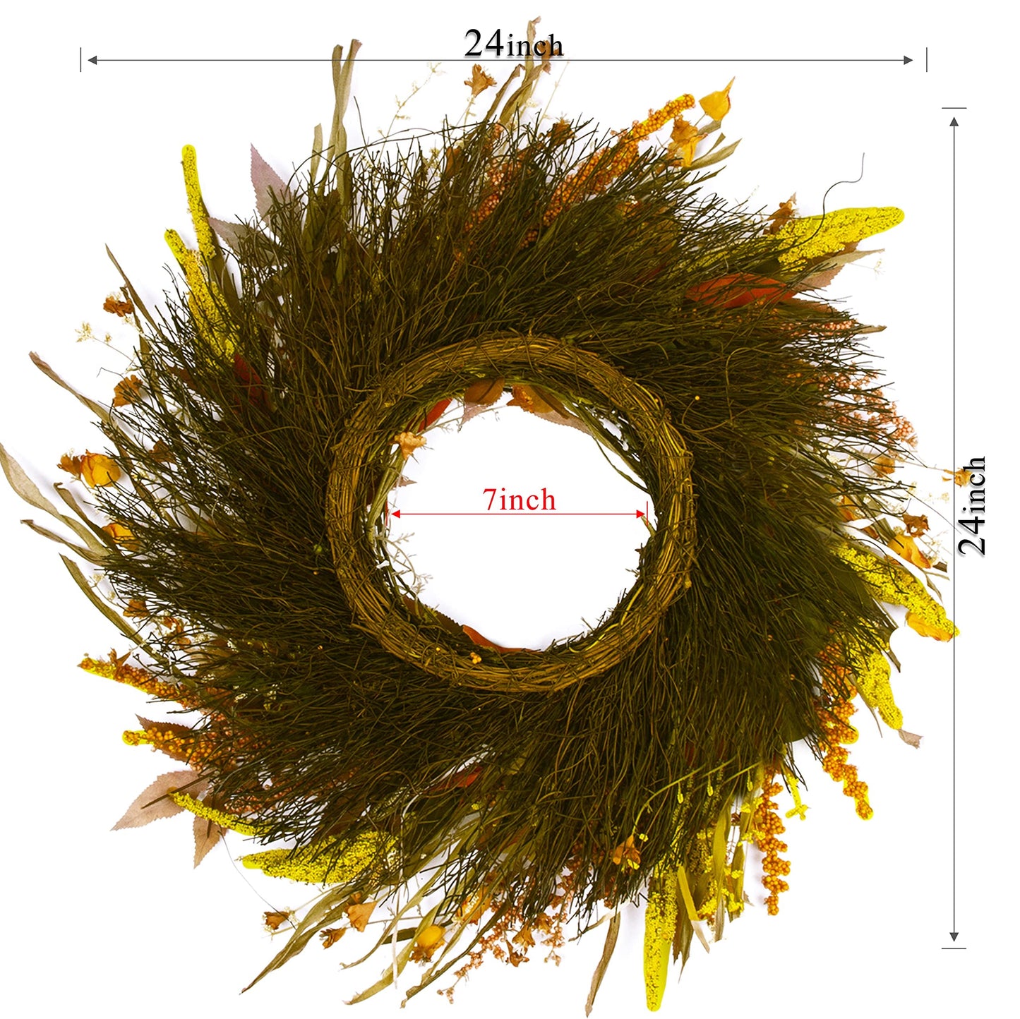 SZAT PRO Fall Wreath 24 Inches Large Farmhouse Autumn Harvest Wreaths with Straw Wheat Maple Leaf Grain for Front Door Wall Round Gold