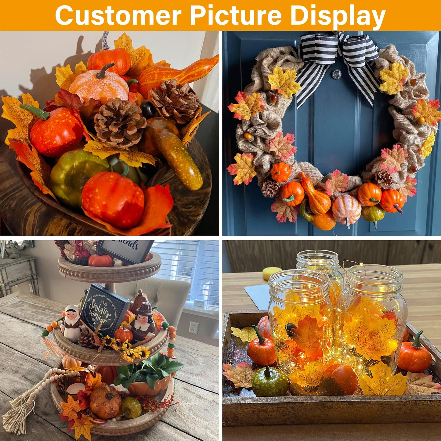 winemana 50pcs Fall Pumpkins Decor Set, Mini Artificial Gourd Fall Leaves Acorns Decorations for Home, Fall Centerpieces for Tables, Thanksgiving Vase Filler, Harvest Farmhouse Table Tiered Tray Set