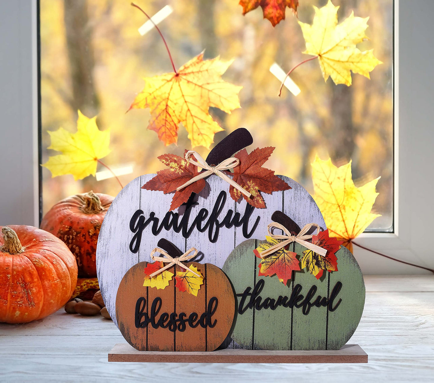 CYNOSA Fall Decorations for Home Blessed Grateful Thankful Fall Decor Wooden Pumpkin Tabletop Signs for Home Thanksgiving Farmhouse Living Room Harvest