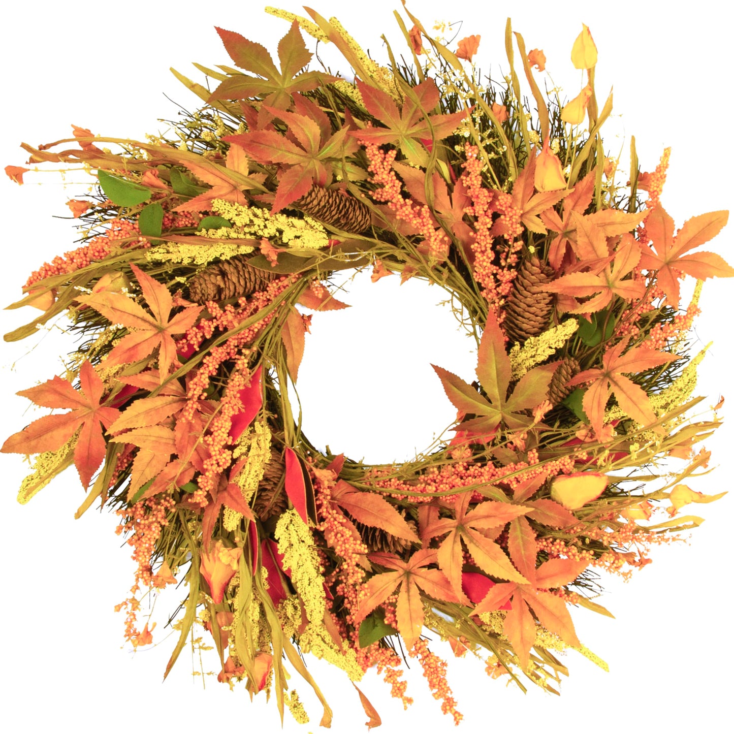 SZAT PRO Fall Wreath 24 Inches Large Farmhouse Autumn Harvest Wreaths with Straw Wheat Maple Leaf Grain for Front Door Wall Round Gold