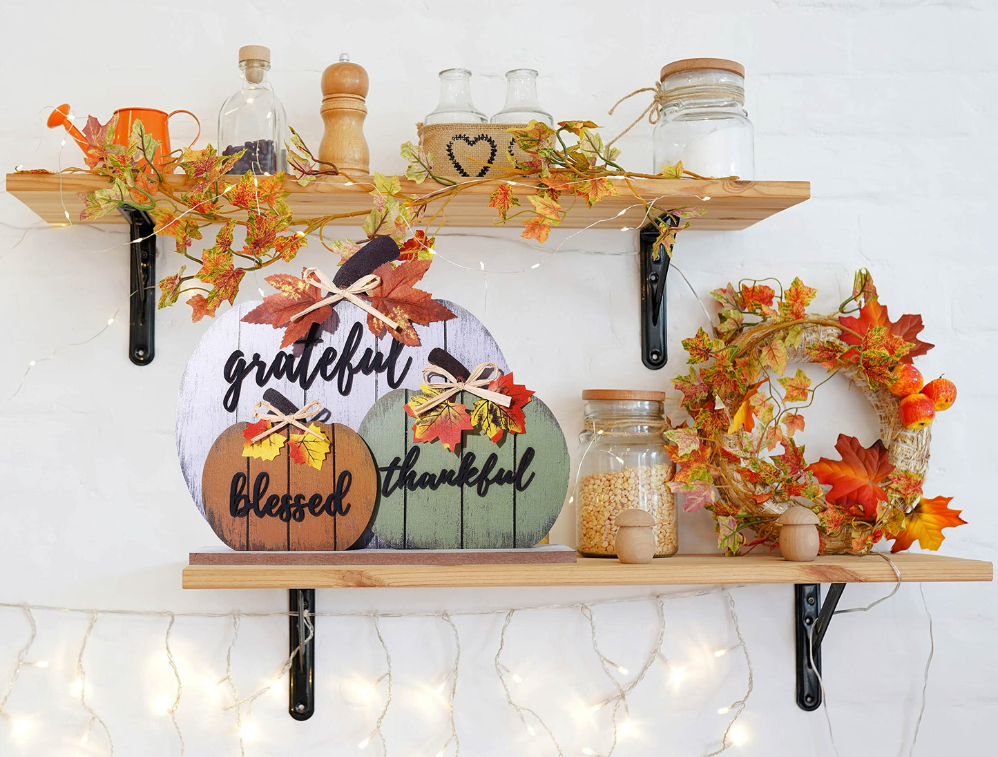 CYNOSA Fall Decorations for Home Blessed Grateful Thankful Fall Decor Wooden Pumpkin Tabletop Signs for Home Thanksgiving Farmhouse Living Room Harvest